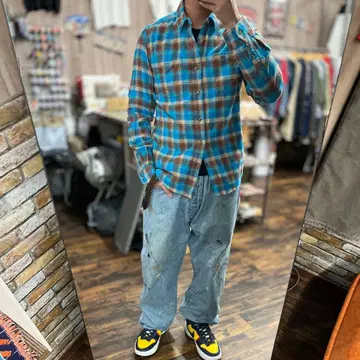 Bestall M 90s 구제 의류 아메카지 플란넬 셔츠 청갈색 체크