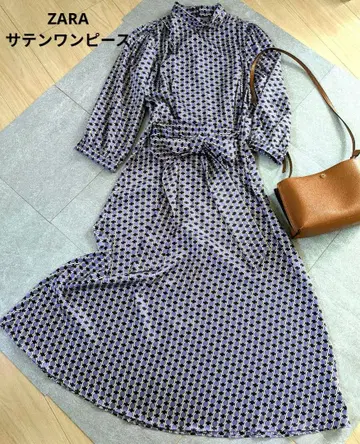 ZARA 새틴 원피스 보라색과 블랙 패턴 긴팔 맥시 드레스