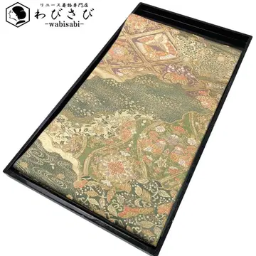 후쿠로 오비 화문 무늬 마주보는 새 물결 무늬 녹청색 금실 O-5807