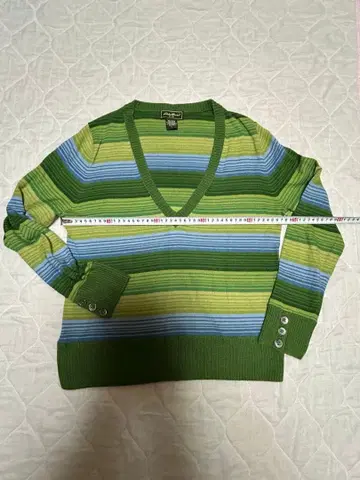 에디바우어 그린과 파랑 스트라이프 V넥 스웨터