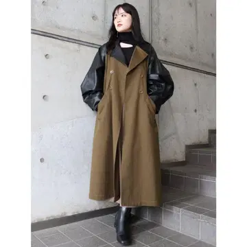MURUA 머티리얼 믹스 트렌치코트 카키 MURUA 트렌치코트