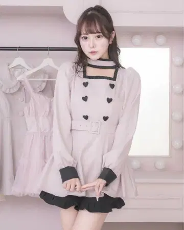 pium 초커 프릴 하트 버튼 긴팔 셋업