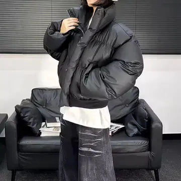 최신 트렌드! 가죽 다운 자켓 숏 기장 한국 패션 오버 XL