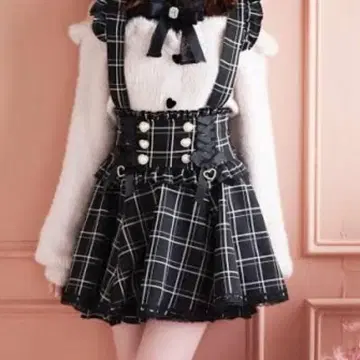 리즈리사 레이스 업 서스펜더 치마바지 블랙 체크