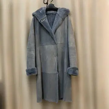 후드 부착 무스탕 롱 코트 블루 L