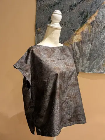 순수 실크 본장 오시마 명주 기모노 리메이크 프렌치 슬리브 상의 베스트