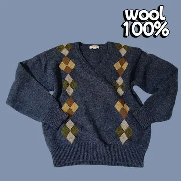 울 100% 니트 스웨터 남성용 아가일 레트로 구제 의류 노움코어