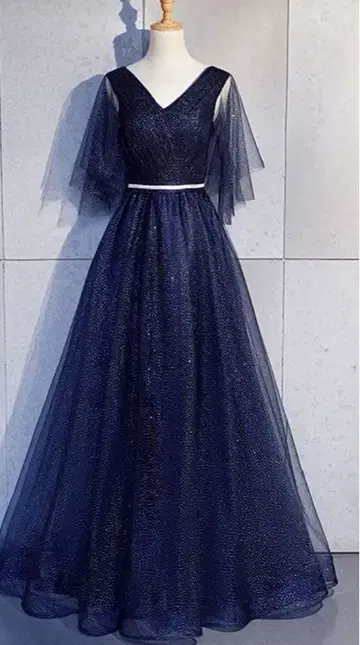 새상품급 파티/촬영용 컬러 Xmas 네이비 + 전체 실버 별 패턴 튤 롱