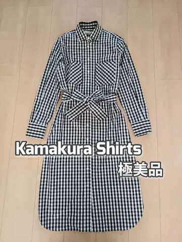 컨디션 최상 가마쿠라 셔츠 체크 셔츠 원피스 리본 코튼 블랙 화이트 F