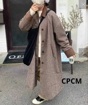 CPCM 옷깃 배색 모듬 체크 무늬 스텐카라 코트 새상품급
