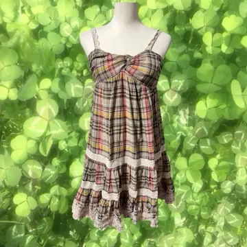 모리걸 페어리 그런지 00s 체크 무늬 레이스 슬리브리스 튜닉