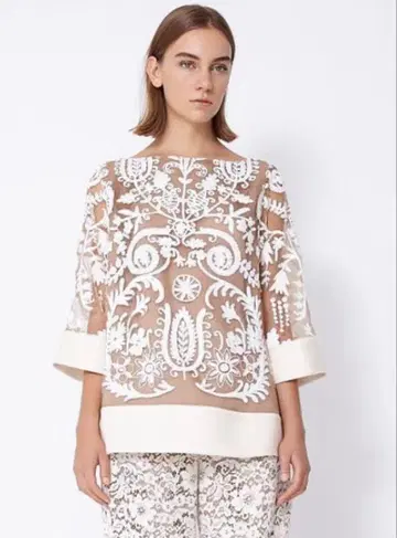 자수 7부 소매 셔츠 베이지