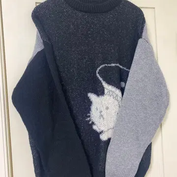 00's 빈티지 고양이 자수 니트 스웨터 네이비 그레이 사이즈 M