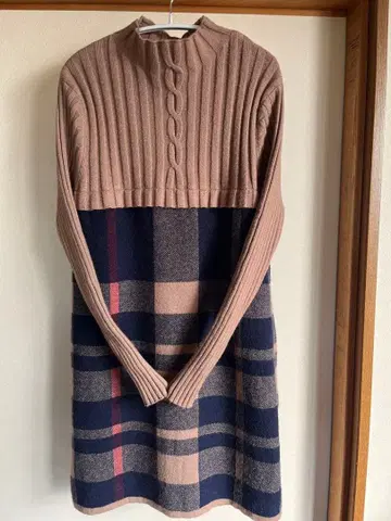 니트 원피스 베이지 네이비 체크 French pave