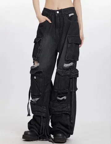 데미지 가공 데님 카고 팬츠 우먼