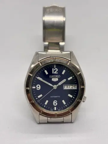 빈티지 SEIKO 5 자동 태엽 손목시계 네이비
