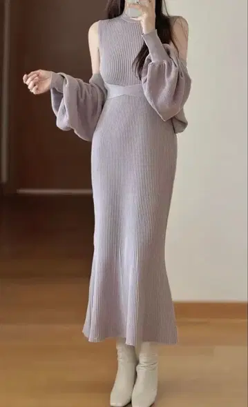 3way 리브 니트 원피스 셋업 드레스 볼레로 포함