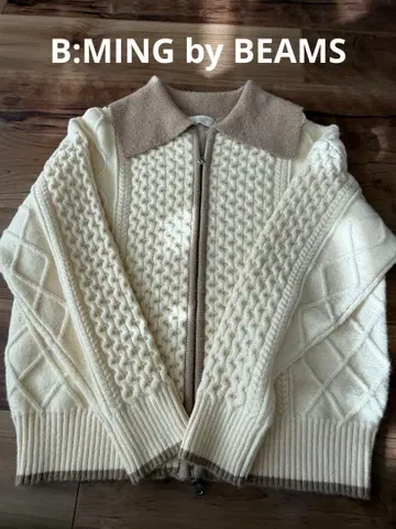 B:MING by BEAMS 아이보리 집업 케이블 스웨터