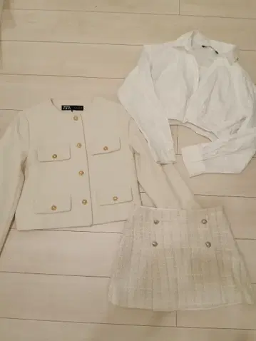 ZARA 노카라 자켓 화이트 크롭 셔츠 스커트 트위드