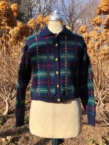 깅엄 체크 가디건 니트