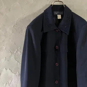 빈티지 자켓 얇은 소재 3D 비즈 심플 네이비 구제 의류 LO12