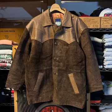 80s 빈티지 가죽 런치 코트 카우보이 코트 두꺼운 가죽 튼튼한