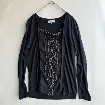 세오리아 여성용 긴팔 티셔츠 프릴 비쥬 버튼 L 블랙