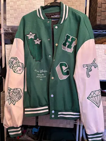 자수 바시티 자켓 그린/화이트