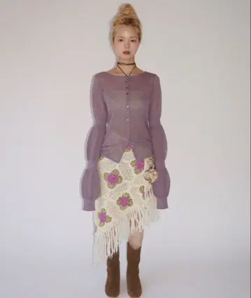 musubore 퍼프 퍼프 슬리브 시어 가디건