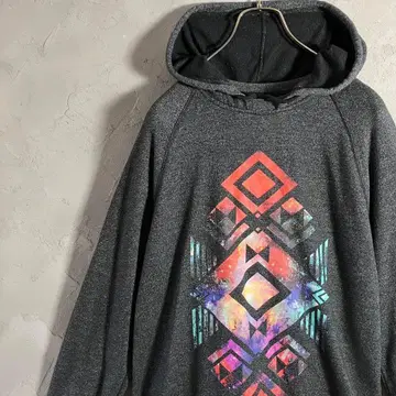 VINTAGE 후드티 얇은 소재 후드티 빅 프린트 기하학 패턴 M IW4