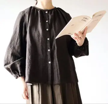 핸드메이드 작가 ellie 린넨 울 개더넥 블라우스 브라운