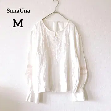 수나우나 긴팔 블라우스 M 화이트 얇은 소재 셔츠 크루넥 자수 248