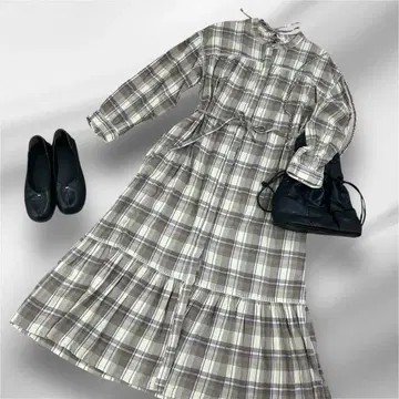 아트 워크 블루 체크 티어드 롱 원피스 리본 스티치 F