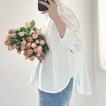 여성용 셔츠 화이트 밴딩 긴팔 셔츠 A라인