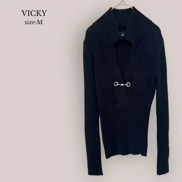 비키 VICKY 리브 니트 V넥 면 100% 블랙 스웨터