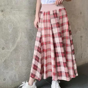 [ MoNiLE/모니레 ] 체크 무늬 허리 리브 패널 절개 플레어 스커트