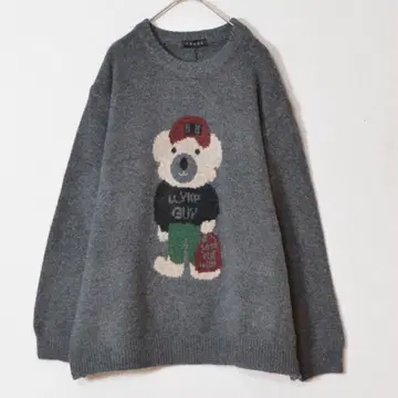 M~L (넉넉한 사이즈) 곰 패턴 니트 풀오버 여성용/차콜 그레이