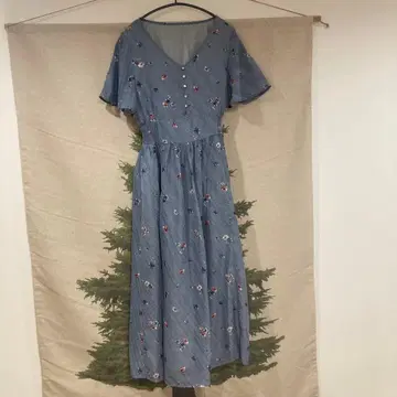 꽃무늬 자수 블루 롱 원피스