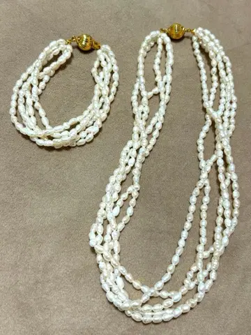 담수 진주 양귀비 진주 5줄 2way 목걸이 팔찌 골드 금장 장식