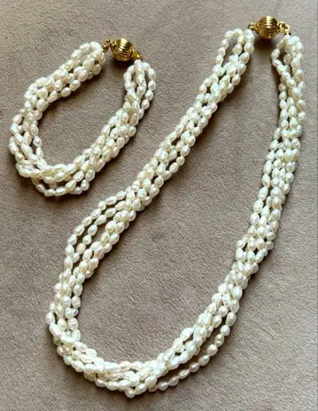 5연 담수 양귀비 펄 목걸이 팔찌 세트 2way 골드 금장 장식