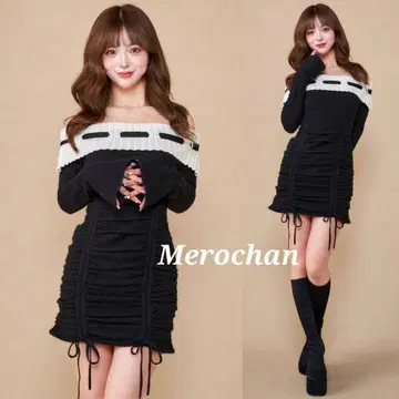 다리치 오프숄더 스티치 니트 미니 원피스 BLK [ F ]