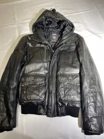 REDSKINS 후드 부착 가죽 자켓 블랙