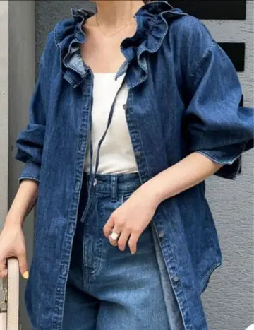 Rie Miller 프릴 개더 데님 블라우스 노리즈 구매