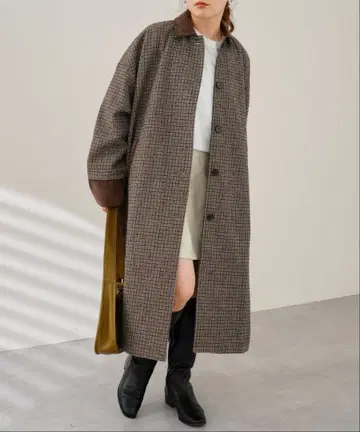 CPCM 체크 무늬 스텐카라 코트 롱 코트 브라운