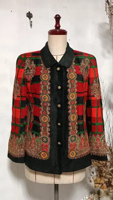 빈티지 빈티지 빨검 그린 체크 스카프 패턴 자켓