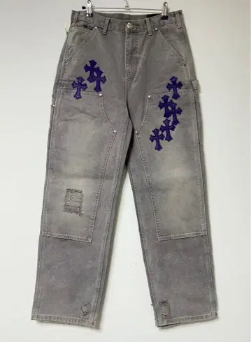 크로스 자수 그레이 데님 팬츠
