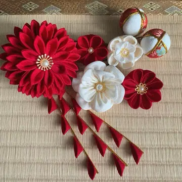 츠마미자이쿠 머리 장식 세트 성인식 후리소데 시치고산 결혼식 졸업식 레드