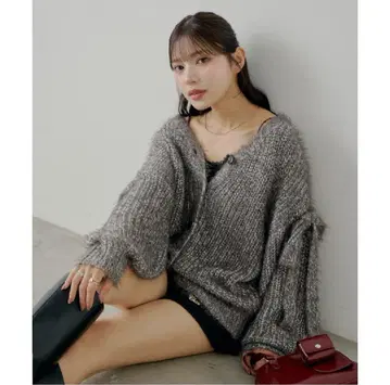 Chico 치코 소매 리본 루즈 리브 가디건 차콜 그레이 니트