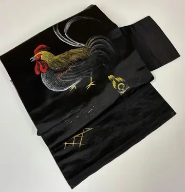 앤티크 비단 나고야 오비 손으로 그린 닭과 병아리 기모노 레트로