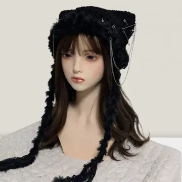 체인 포함 핸드메이드 고양이 귀 니트 모자 올 블랙 y2k 그런지